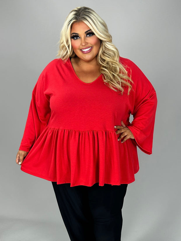 48 SQ {Sweet Poetry} Red V-Neck Peplum Top EXTENDED PLUS SIZE 3X 4X 5X