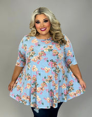 48 PSS {Sweet Wonder} Light Blue Flower Print Top EXTENDED PLUS SIZE 3X 4X 5X