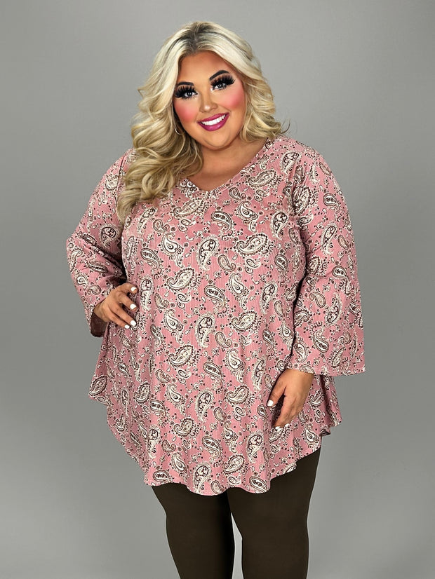 26 PQ {Delightful Paisley} Mauve Paisley Ribbed V- Neck Top EXTENDED PLUS SIZE 3X 4X 5X