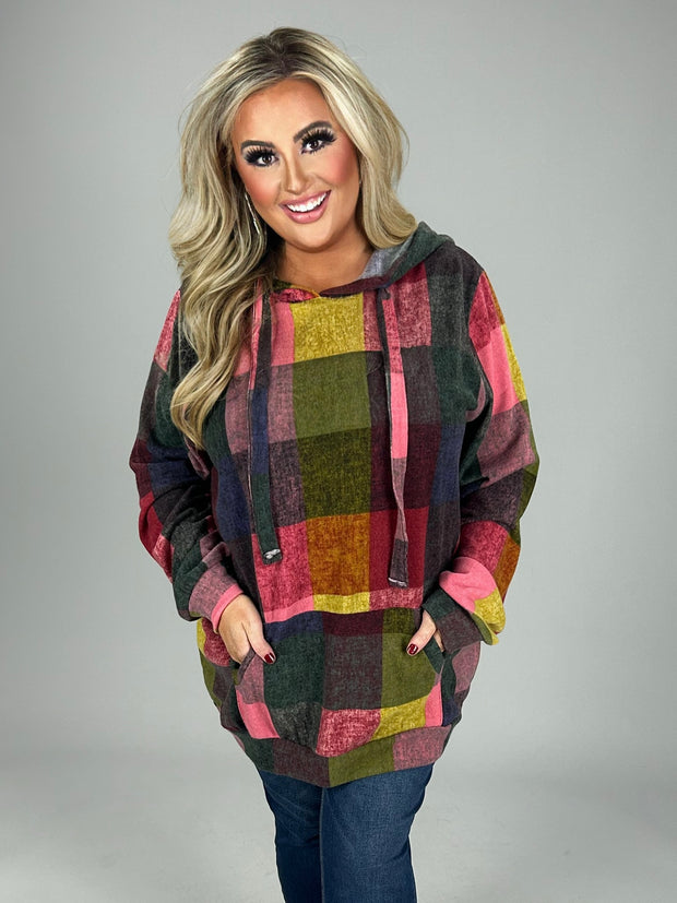 56 HD-D {Get On Board} Red/Pink Plaid Hoodie PLUS SIZE 1X 2X 3X