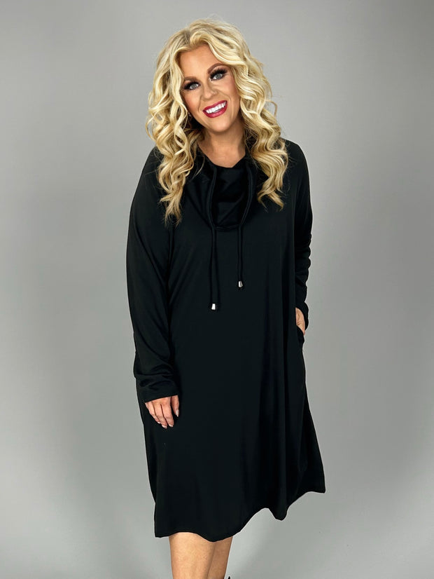 SALE!!  SLS-A {Story Teller}  BLACK Dress with  Drawstring Cowl Neck