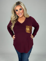 56  SD-C {Stunning Vision} Burgundy Sequin Pocket Top PLUS SIZE 1X 2X 3X