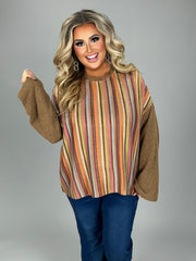 13 PLS {More Than Extra} Brown Sweater Top w/Stripes PLUS SIZE XL 1X 2X