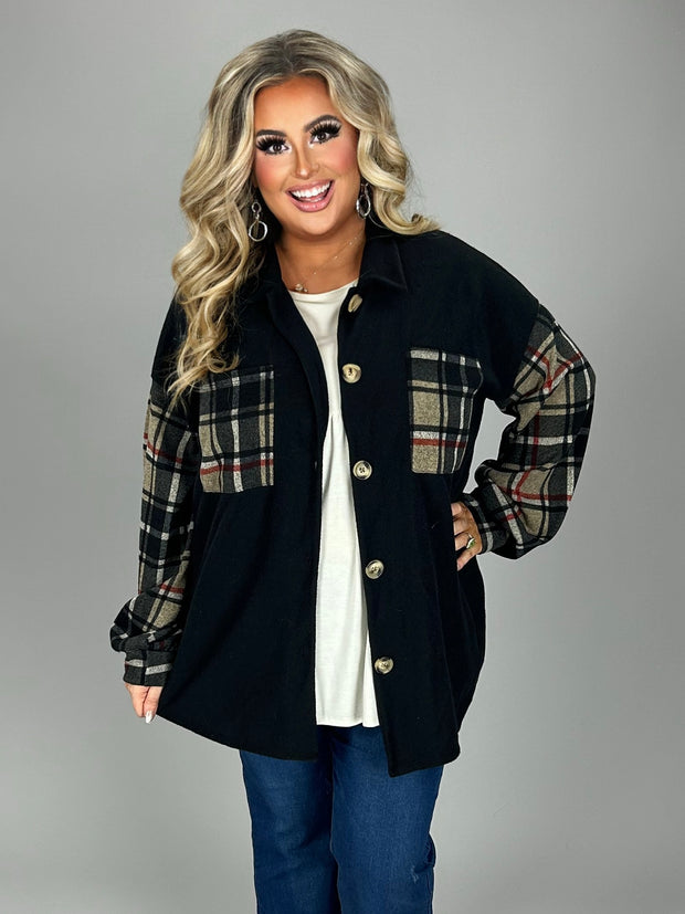 20 OT-T {Country Plaid} Black Button w/Plaid Sleeves Shacket PLUS SIZE 1X 2X 3X