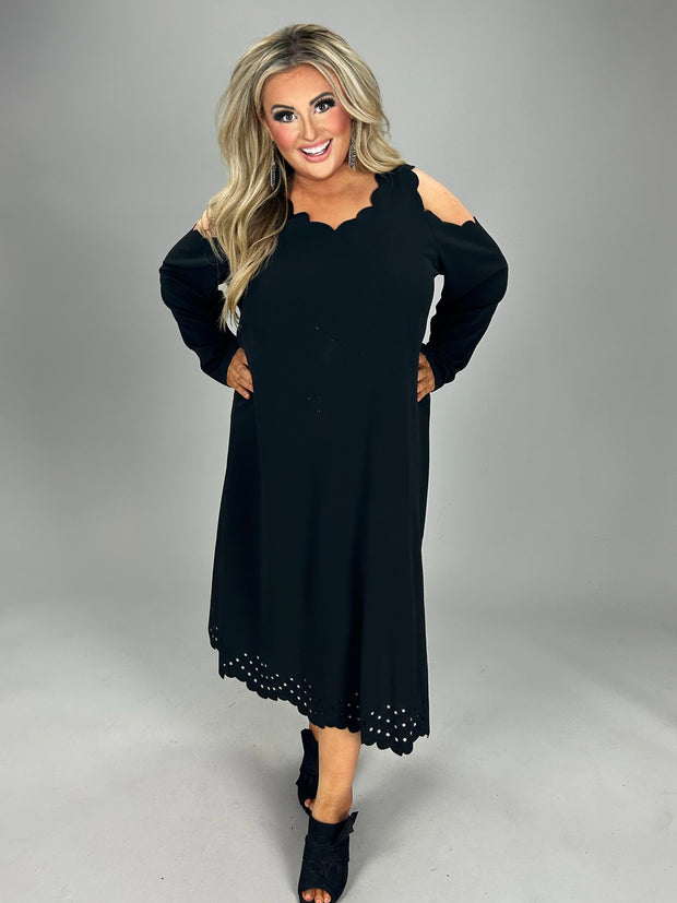 70 OS {Share The Love} Black Scalloped Edge Cold Shoulder Dress CW PLUS SIZE 2X 3X