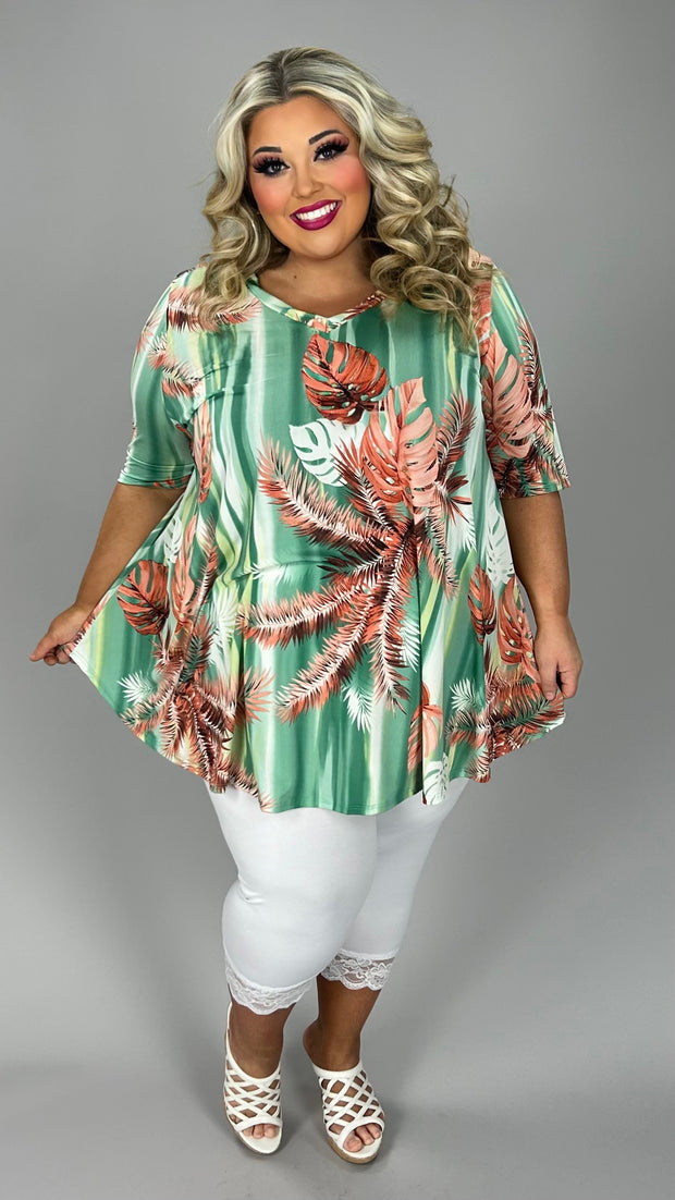 46 PSS {Tropical Paradise} Light Green Coral Leaf Print Top EXTENDED PLUS SIZE 3X 4X 5X