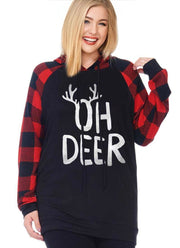 SALE! 32 HD-A {Oh Deer} Black "Oh Deer" Red Plaid Hoodie PLUS SIZE XL 2X 3X