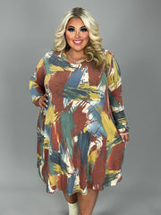 25 PLS {Cutting Ties} Rust/Multi-Color Brush Stroke Print Dress EXTENDED PLUS SIZE 4X 5X 6X