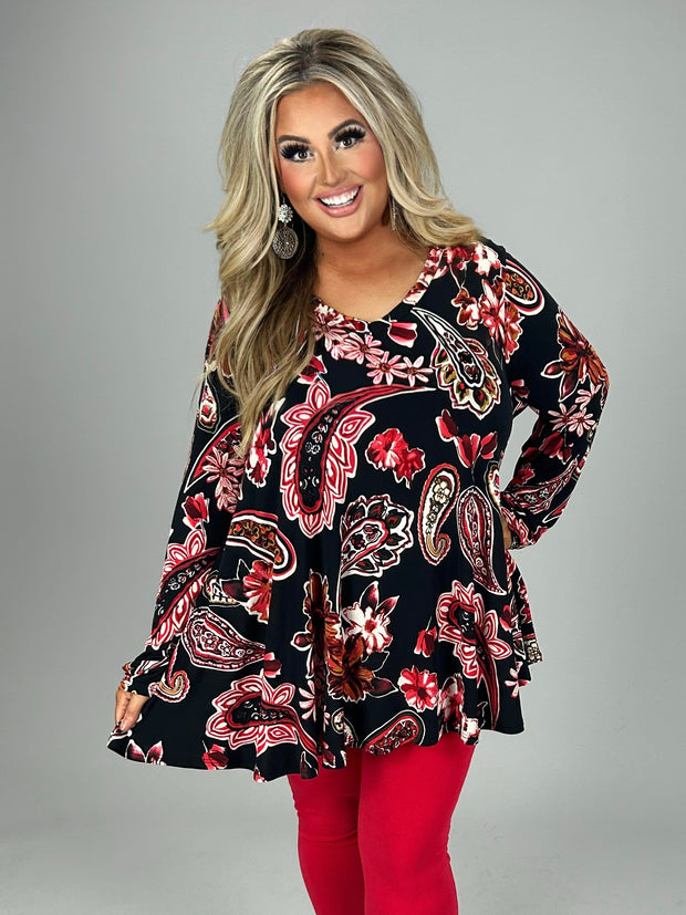 26 PLS {Spread The Joy} Black/Red Floral Paisley V-Neck Top PLUS SIZE XL 2X 3X