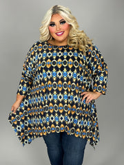 55 PQ {Bright Eyes} Navy/Orange Print Asymmetrical Top EXTENDED PLUS SIZE 3X 4X 5X