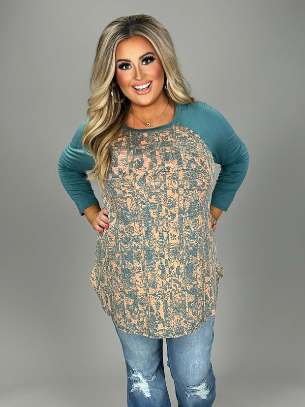 14 CP-E {Lead Me Back To You}Teal Print Raglan Sleeve Top PLUS SIZE 1X 2X 3X