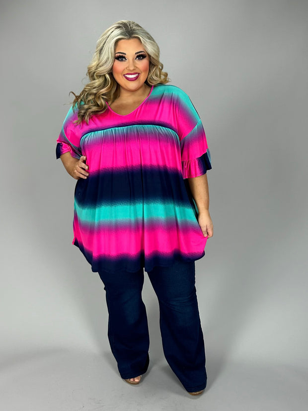 39 PSS {Say Less} Hot Pink Mint Navy Stripe Ruffle Sleeve Top EXTENDED PLUS SIZE 4X 5X 6X