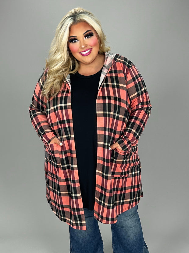 38 OT {Refreshing Thought} Coral Plaid Cardigan w/Hood CURVY BRAND!!! EXTENDED PLUS SIZE 3X 4X 5X 6X