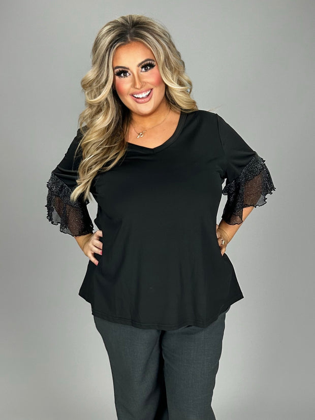 61 SD {Style Champion} Black V-Neck Top w/Metallic Sleeves  CW EXTENDED PLUS SIZE 2X 3X 4X 5X