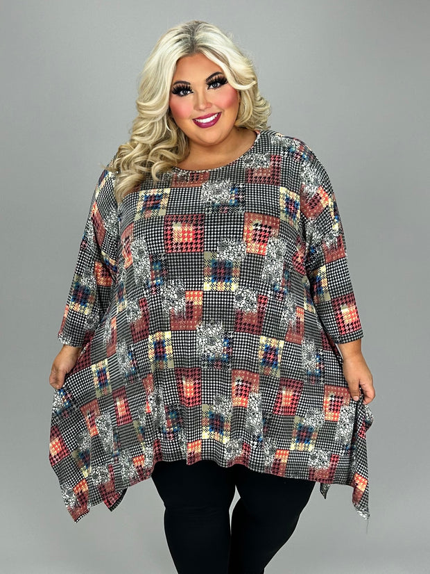 36 PQ {Modern Gal} Black Multi-Print Checkered Top EXTENDED PLUS SIZE 3X 4X 5X