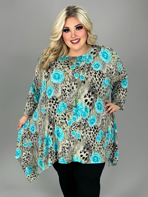 74 PQ {Rose Garden Dreams} Taupe/Blue Asymmetrical  Animal Print Top EXTENDED PLUS SIZE 3X 4X 5X