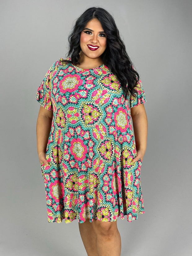 78 PSS {Part Of My World} Neon Pink/Mint Print Dress PLUS SIZE 1X 2X 3X