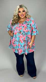 43 PSS {Totally Smitten} Sky Blue Floral Ruffle Sleeve Top EXTENDED PLUS SIZE 4X 5X 6X