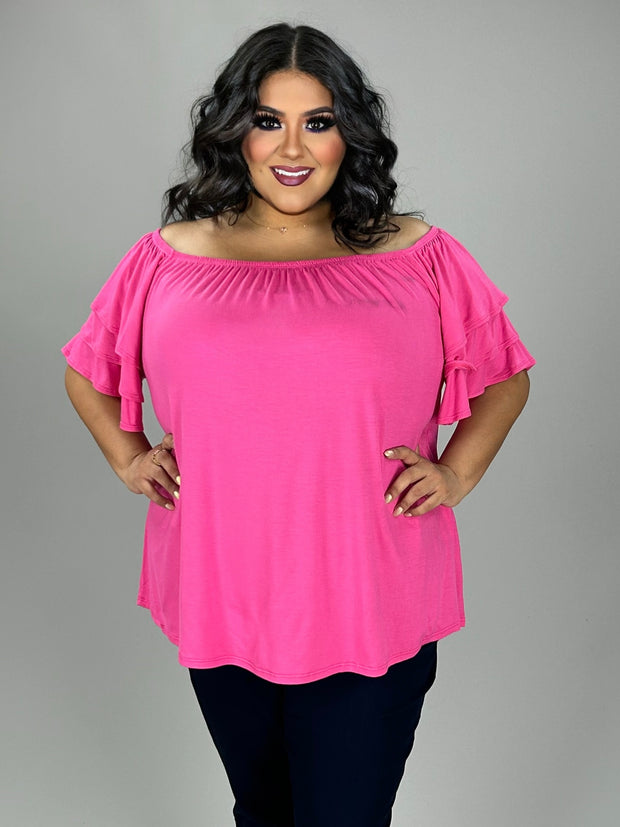 76 OS {Here For You} Pink Off Shoulder Ruffle Sleeve Top PLUS SIZE 1X 2X 3X