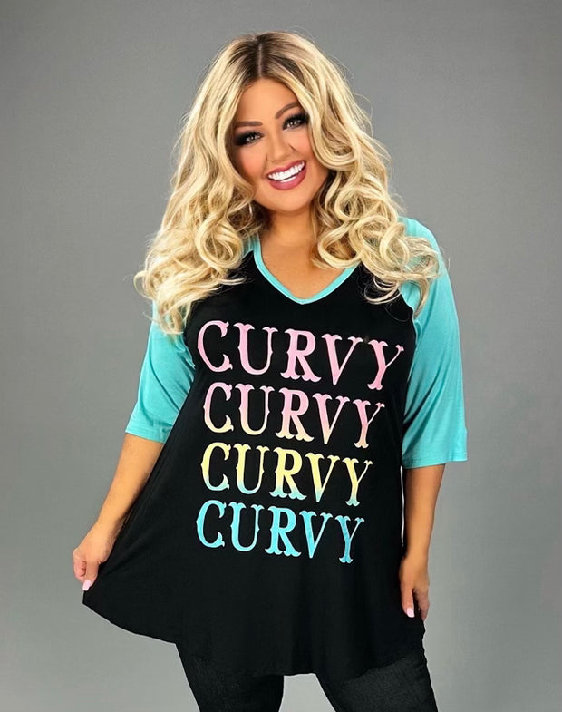 19 GT {Curvy Curvy} Black/Teal Curvy Graphic Tee CURVY BRAND!!!  EXTENDED PLUS SIZE XL 2X 3X 4X 5X 6X (May Size Down 1 Size}