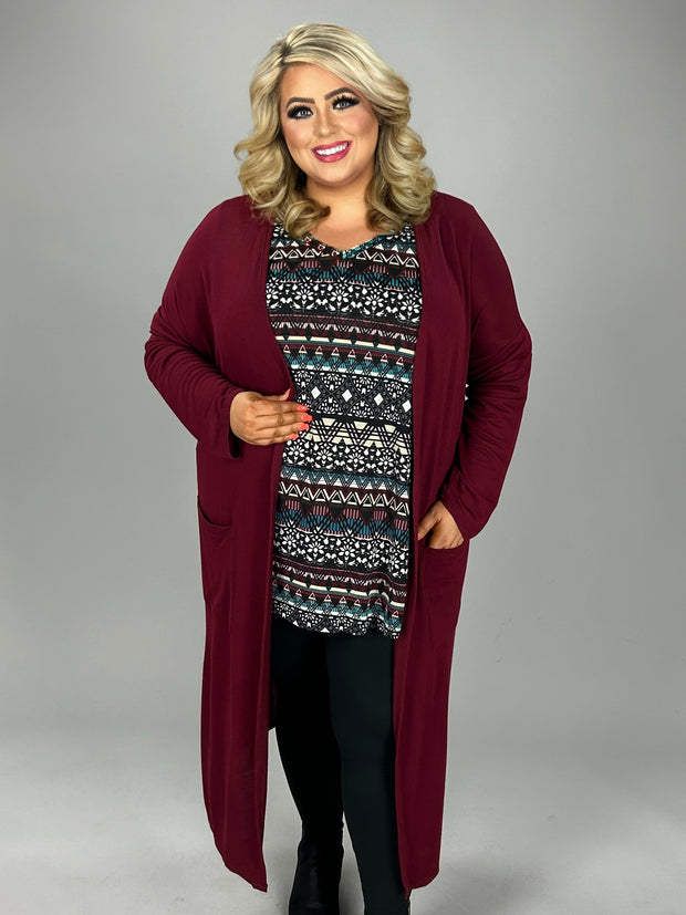 LD-Q {Class And Charm} Burgundy Long Duster w/Pockets PLUS SIZE XL 2X 3X