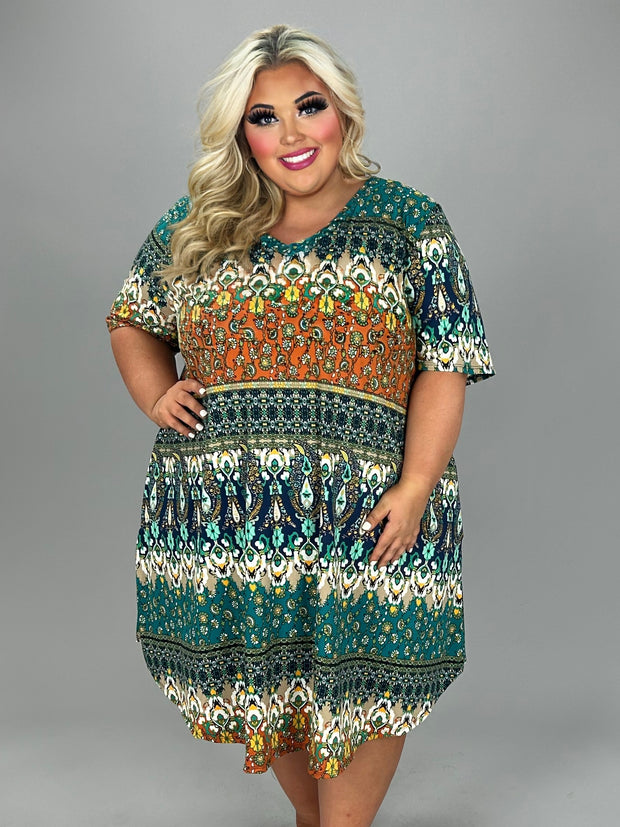 25 PSS {A Spiffy New Look} Rust Mixed Print V-Neck Dress EXTENDED PLUS SIZE 4X 5X 6X