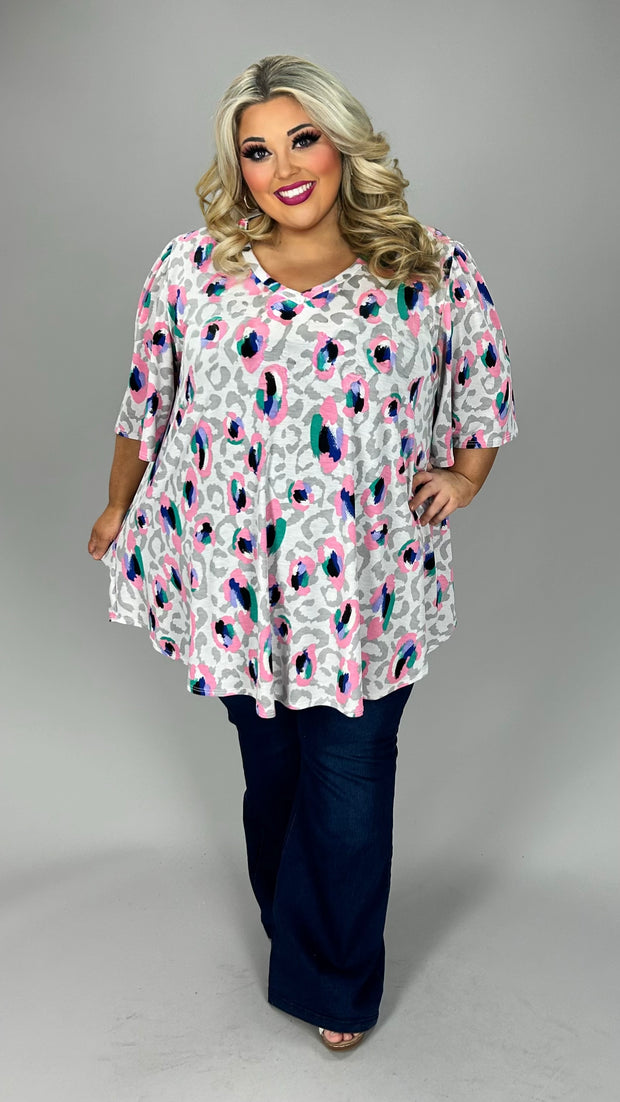 29 PSS {If You Only Knew} Grey Pink Leopard V-Neck Top EXTENDED PLUS SIZE 3X 4X 5X