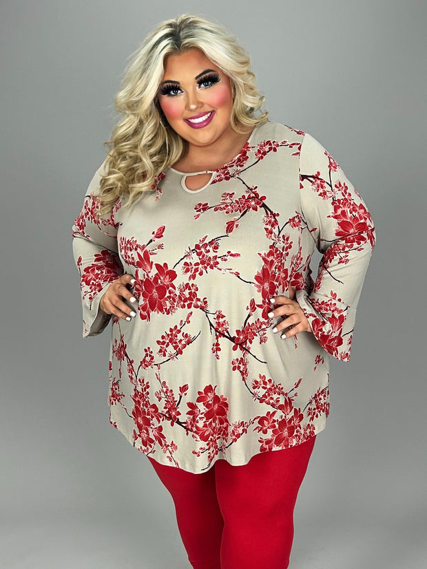 42 PQ {Forever Mine} Taupe/Red Floral Keyhole Top CUR VY BRAND!!!  EXTENDED PLUS SIZE 4X 5X 6X  (May Size Down 1 Size)