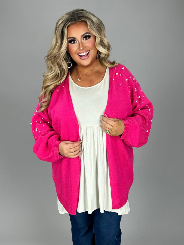 18 OT-B {Jazzy Pink} Umgee Neon Pink/Pearl Sweater Cardigan PLUS SIZE XL 1X 2X