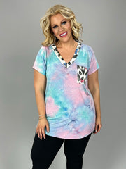 SALE!! 33 CP-H {Move Over} Pink/Blue Tie Dye Leopard Top PLUS SIZE XL 2X 3X