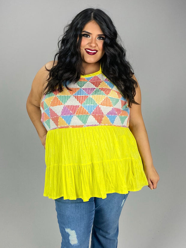 77 SV {Loving The Sun} Yellow/Triangle Print Tiered Top PLUS SIZE XL 2X 3X