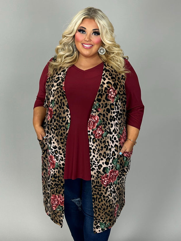 47 OT {Wild Meets the Sweet} Brown Leopard Rose Print Vest EXTENDED PLUS SIZE 3X 4X 5X (True to Size}