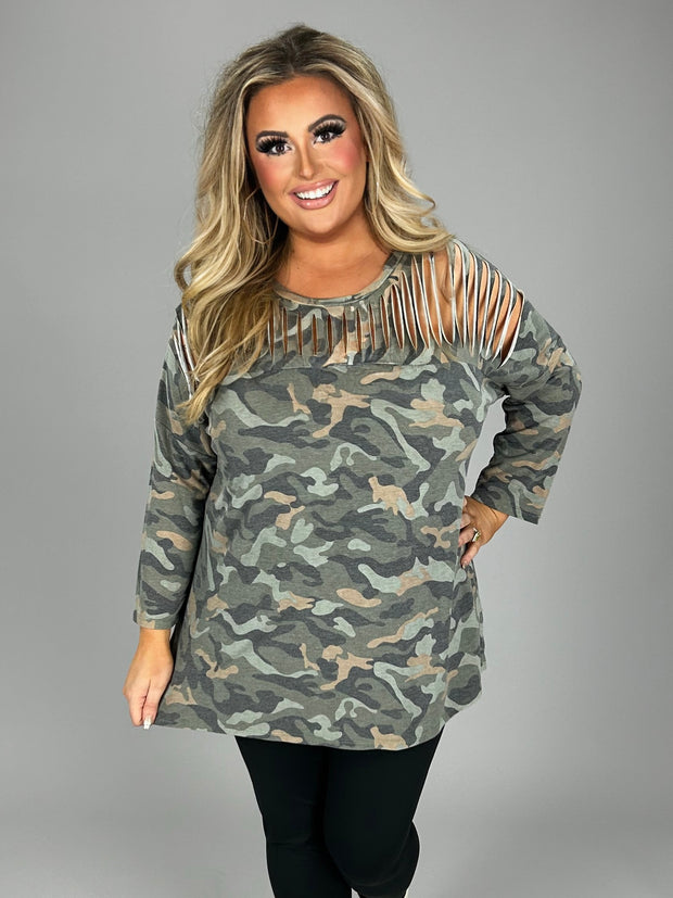 12 PQ-D {On A Mission} Green Camo Top W/Neck Detail PLUS SIZE 1X 2X 3X