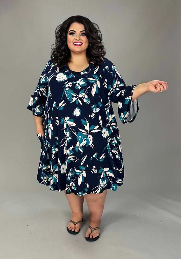 21 PSS {Fresh Horizon} Navy Teal Floral V-Neck Dress EXTENDED PLUS SIZE 4X 5X 6X