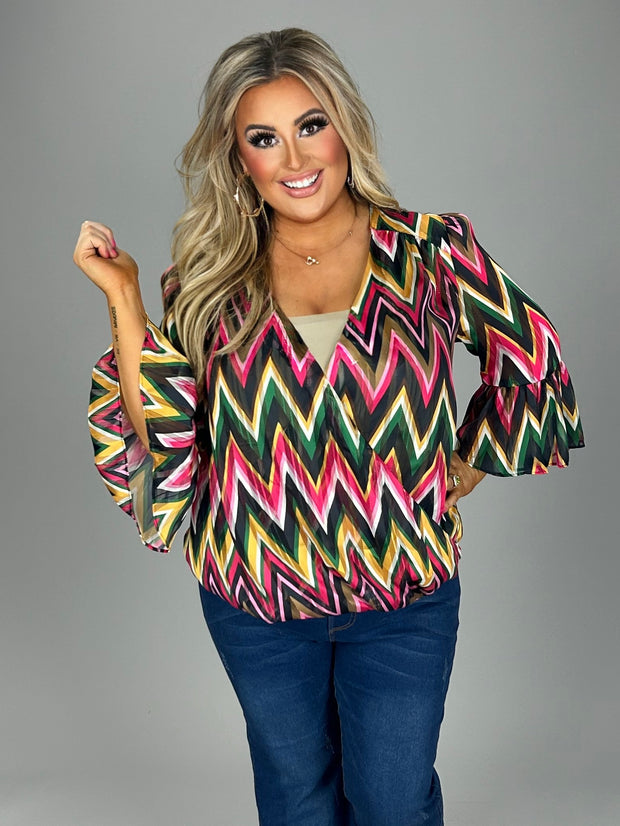 PQ-D {INC} Fuchsia Black Multi Chevron Striped Top