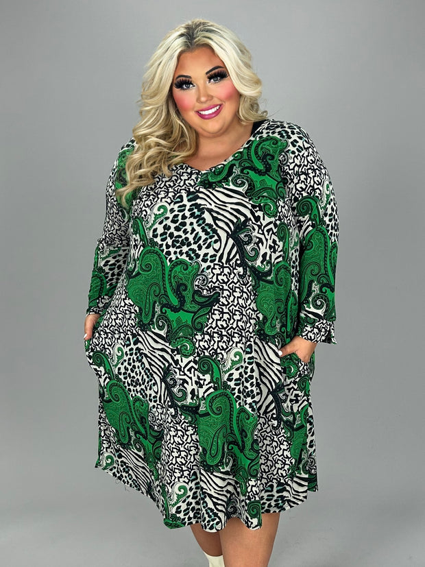 26 PQ {Perfect Chance} Green/Black Paisley Print Dress EXTENDED PLUS SIZE 3X 4X 5X