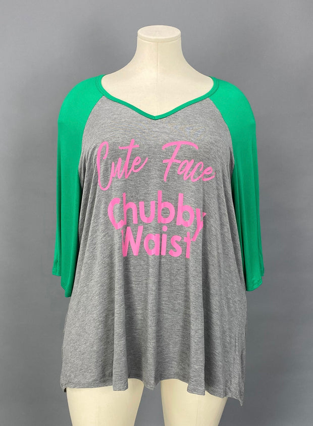 28 GT {Cute Face Chubby Waist} Grey Green Graphic Tee CURVY BRAND!!!  EXTENDED PLUS SIZE XL 2X 3X 4X 5X 6X (May Size Down 1 Size)