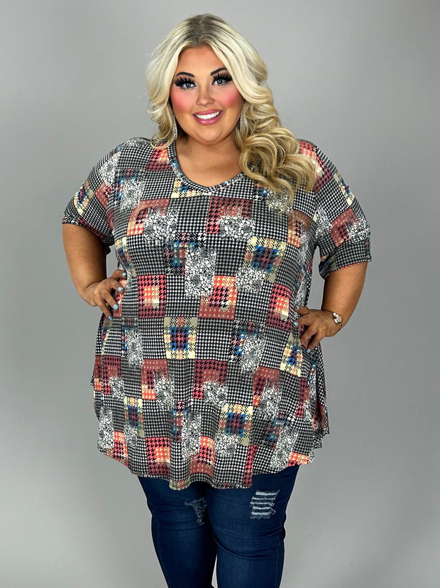 24 PSS {Refreshing View} Black Multi-Print Checkered Top  EXTENDED PLUS SIZE 1X 3X 4X 5X 6X