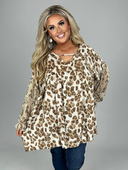 26 CP-L {Fast Lane} Taupe Leopard Print Top W/Floral Sleeve PLUS SIZE 1X 2X 3X