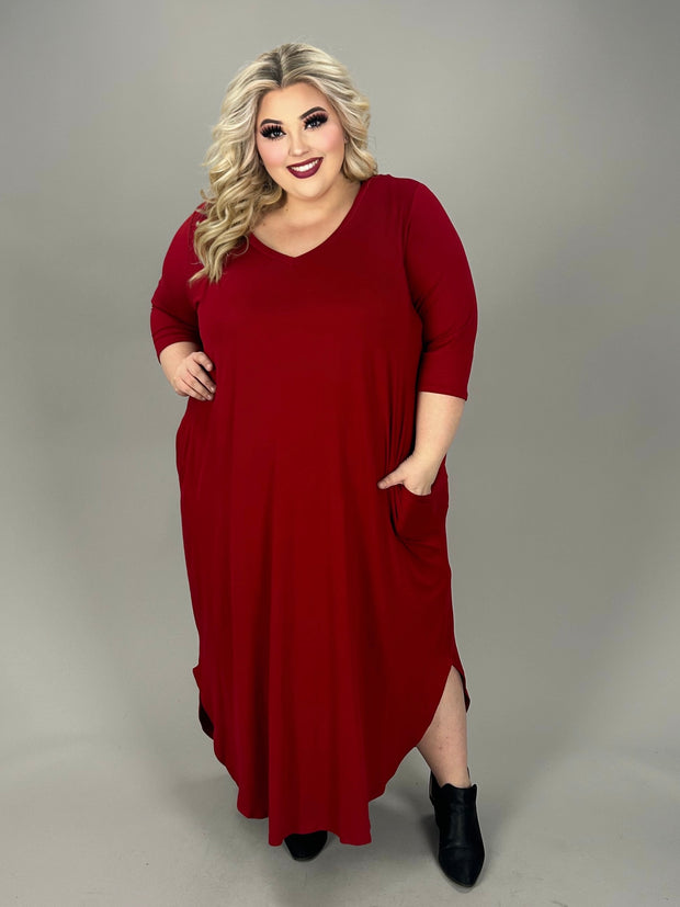 LD-A {Always Reliable} Dark Red V-Neck Maxi Dress w/Pockets CURVY BRAND!!! PLUS SIZE 1X 2X 3X