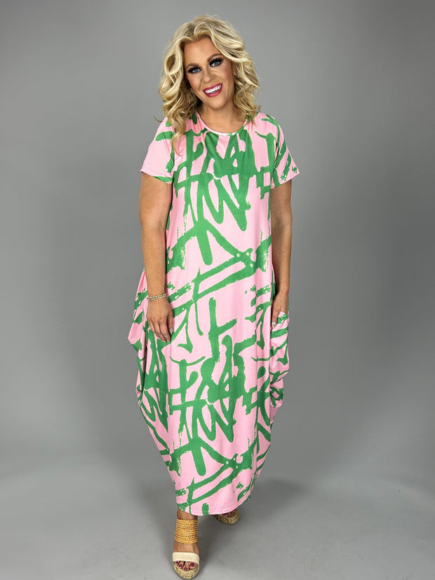 SALE!! LD-F {All This Love} Pink/Green Print Maxi Bubble Dress PLUS SIZE XL