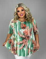 46 PSS {Tropical Paradise} Light Green Coral Leaf Print Top EXTENDED PLUS SIZE 3X 4X 5X