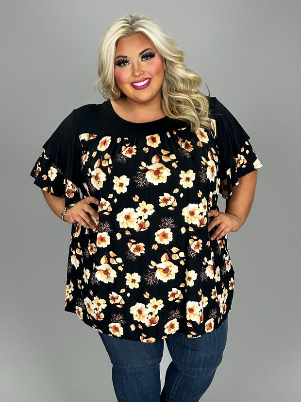 33 CP {Night Of Full Bloom} Black Floral Ruffle Sleeve Tunic EXTENDED PLUS SIZE 3X 4X 5X (True to Size)