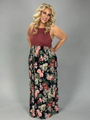 LD-T {Boho Vibes} Rust/Black Floral Long Dress PLUS SIZE 1X 2X 3X