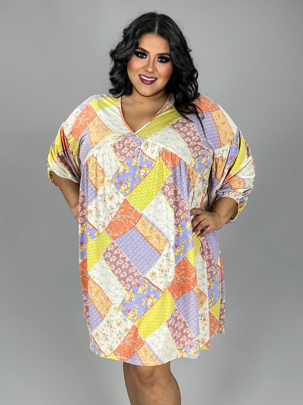 SALE!! 52 PQ {Beautiful Routine} Blue/Peach Mixed Print Dress PLUS SIZE 1X 2X 3X