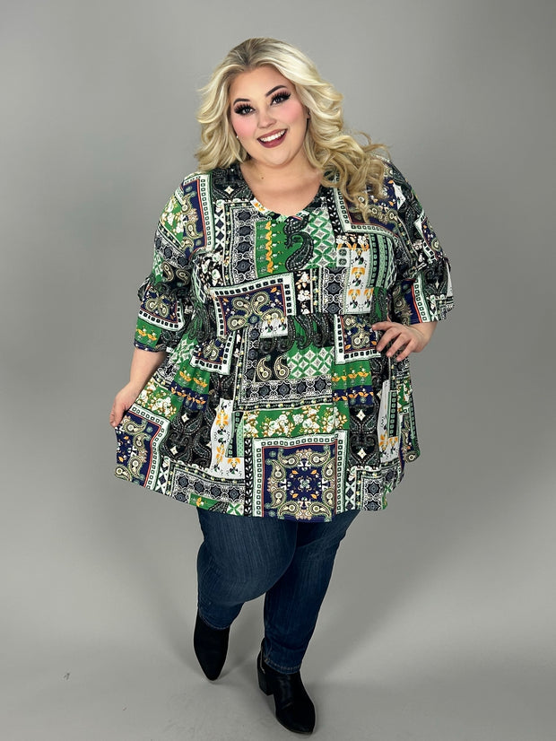 70 PSS {Unique Perspective} Green Patchwork Babydoll V-Neck Top EXTENDED PLUS 3X 4X 5X