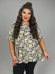 27 PSS {Roaming The Garden} Grey Floral Babydoll Top PLUS SIZE 1X 2X 3X