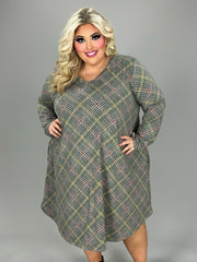 23 PLS {New Found Strength} Olive Plaid Print V-Neck Dress EXTENDED PLUS SIZE 4X 5X 6X