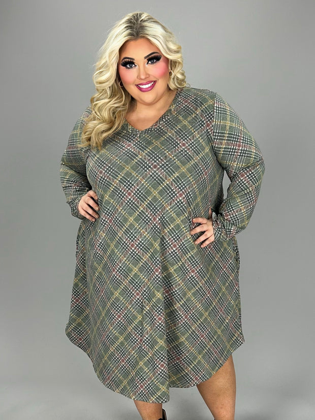 23 PLS {New Found Strength} Olive Plaid Print V-Neck Dress EXTENDED PLUS SIZE 4X 5X 6X