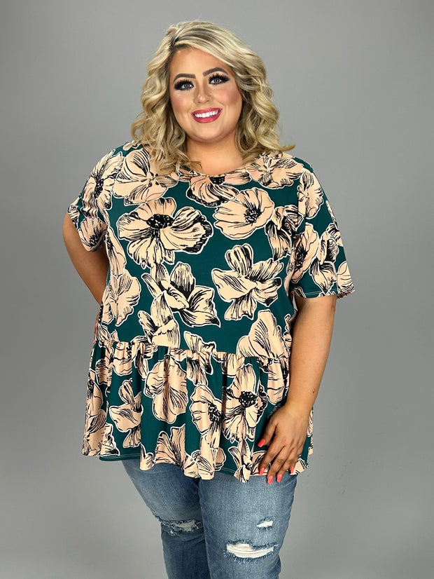 42 PSS {No Drama Just Style} Teal Green Floral Ruffle Hem Top EXTENDED PLUS SIZE 3X 4X 5X